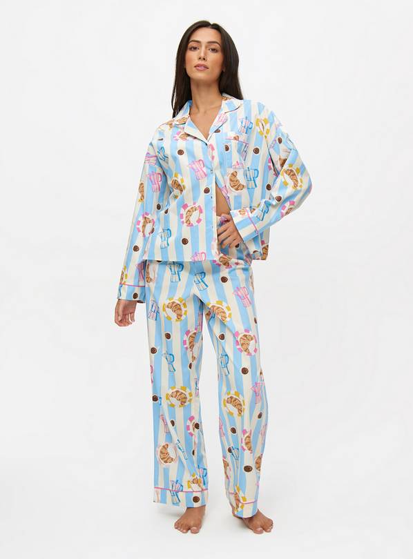 Blue Stripe Croissant Print Traditional Pyjamas 12