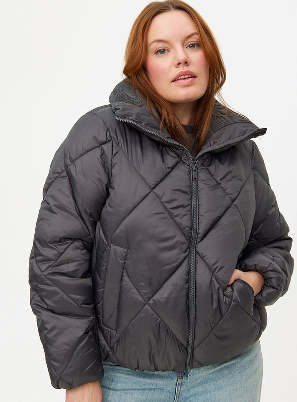 Grey Collar Diamond Quilted Padded Coat  L