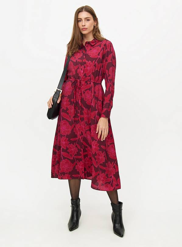 Dark Red Floral Printed Tie-Waist Midaxi Dress 18