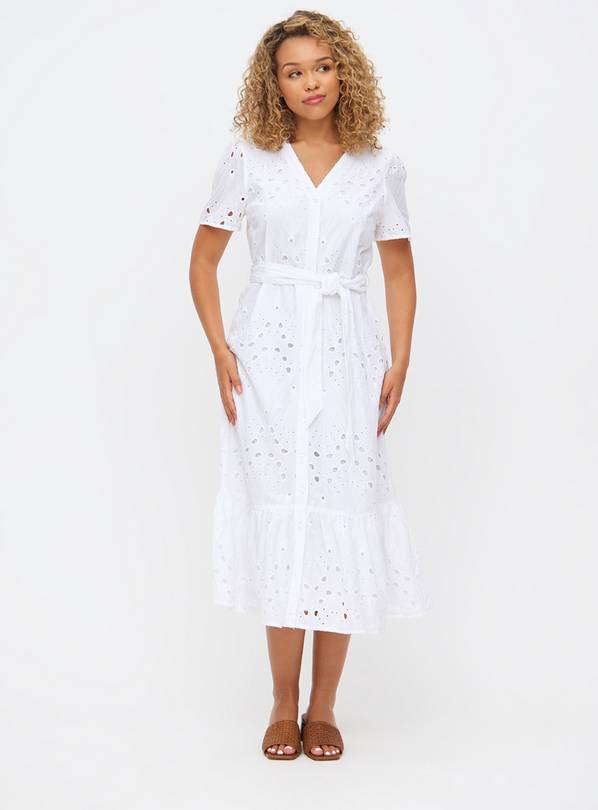 White V-Neck Broderie Short Sleeve Midi Shirt Dress 20