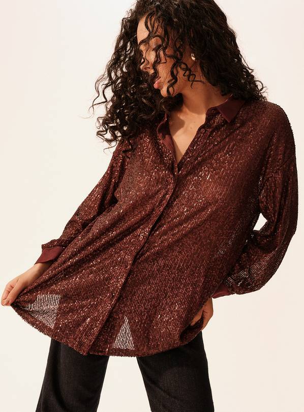 Burgundy Sequin Embellished Long Sleeve Shirt 12