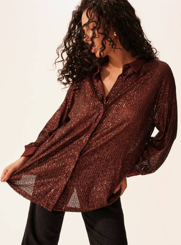 Dark Red Sequin Embellished Long Sleeve Shirt 14