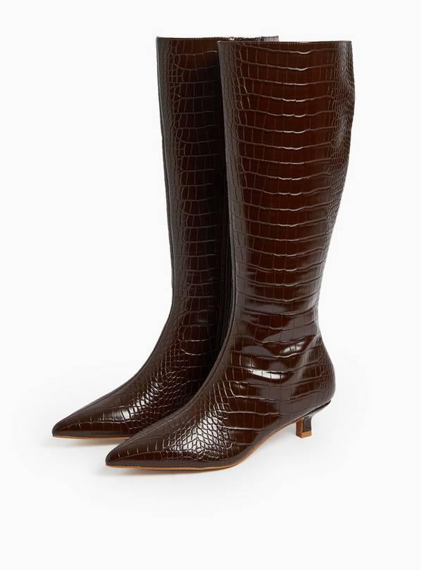 Patent Brown Croc Design Long Length Kitten Heel Boots 6