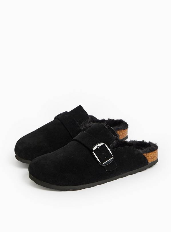 Black Faux Fur Lined Closed Toe Mule Shoes  3