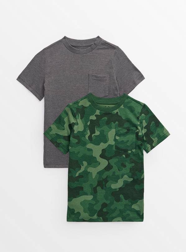 Green Camo Print & Plain Grey T-Shirts 2 Pack 1 year