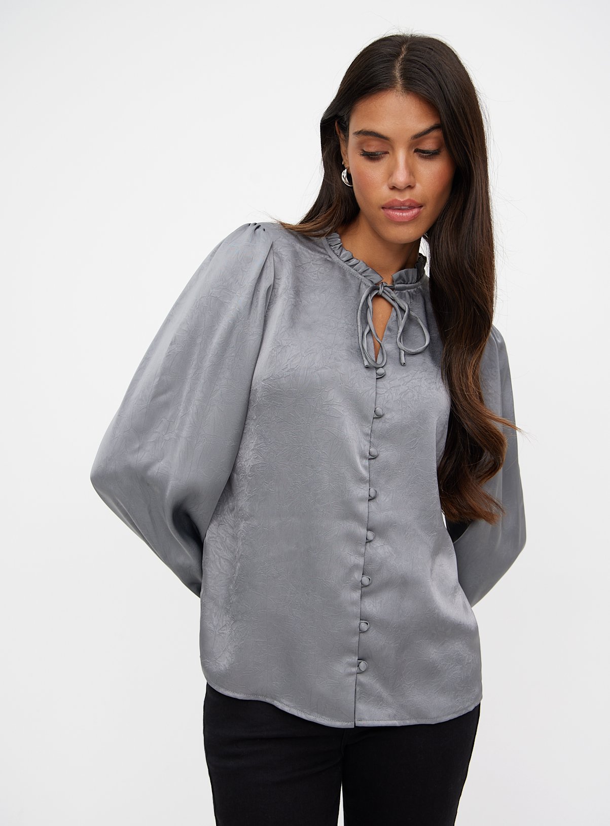 Grey Satin Covered Button Through Blouse 14 - Image 1 thumbnail