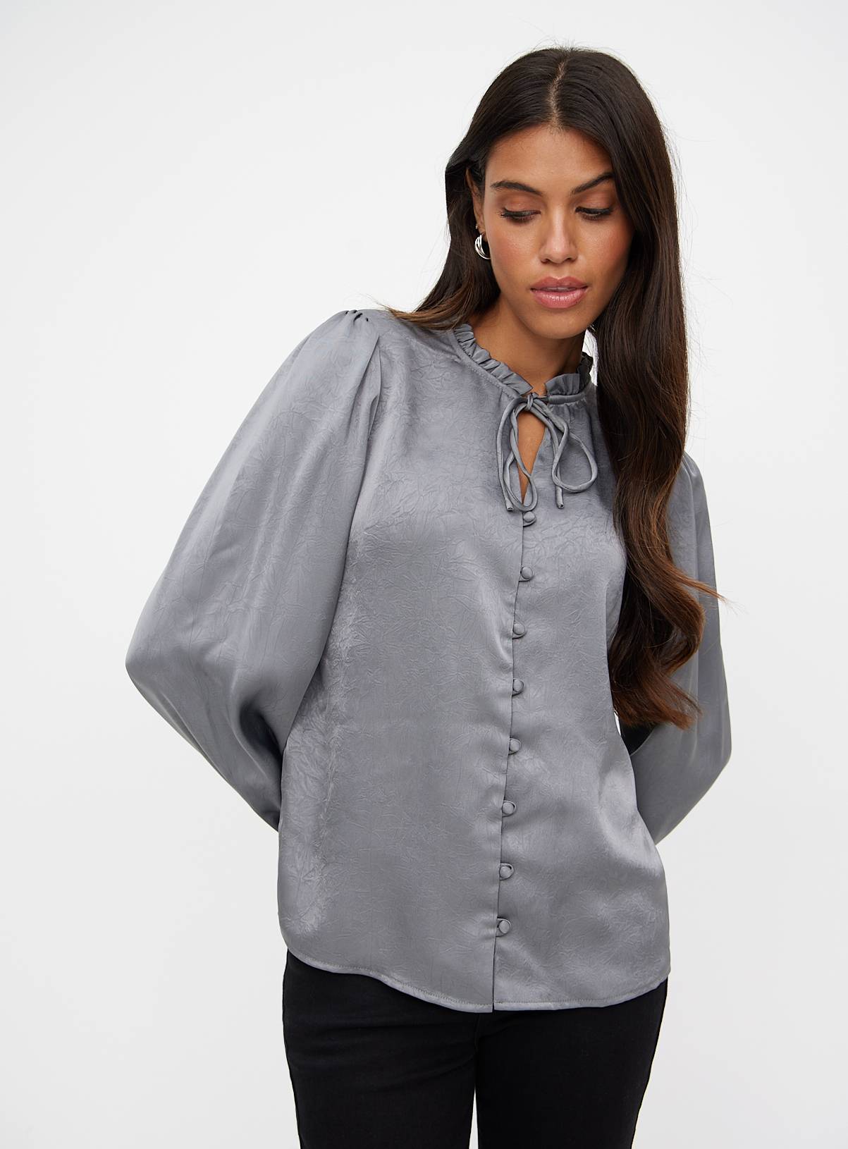 Grey Satin Covered Button Through Blouse 14 - Image 1