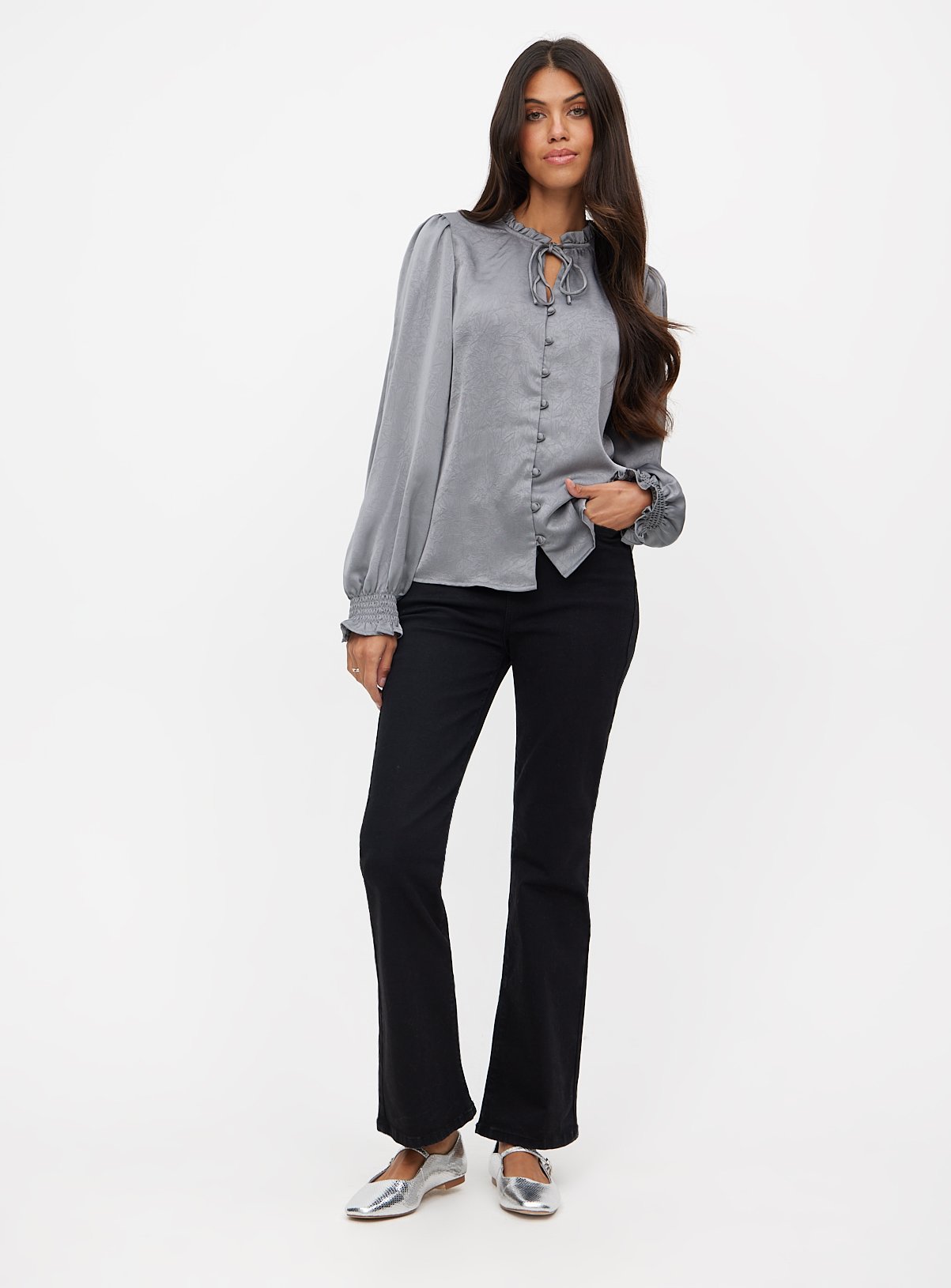 Grey Satin Covered Button Through Blouse 14 - Image 2 thumbnail