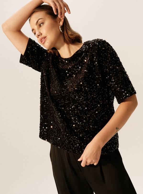 Black Sequin Embellished Boxy T-Shirt 20