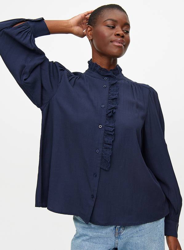 Navy High Collar Ruffle Trim Blouse 12