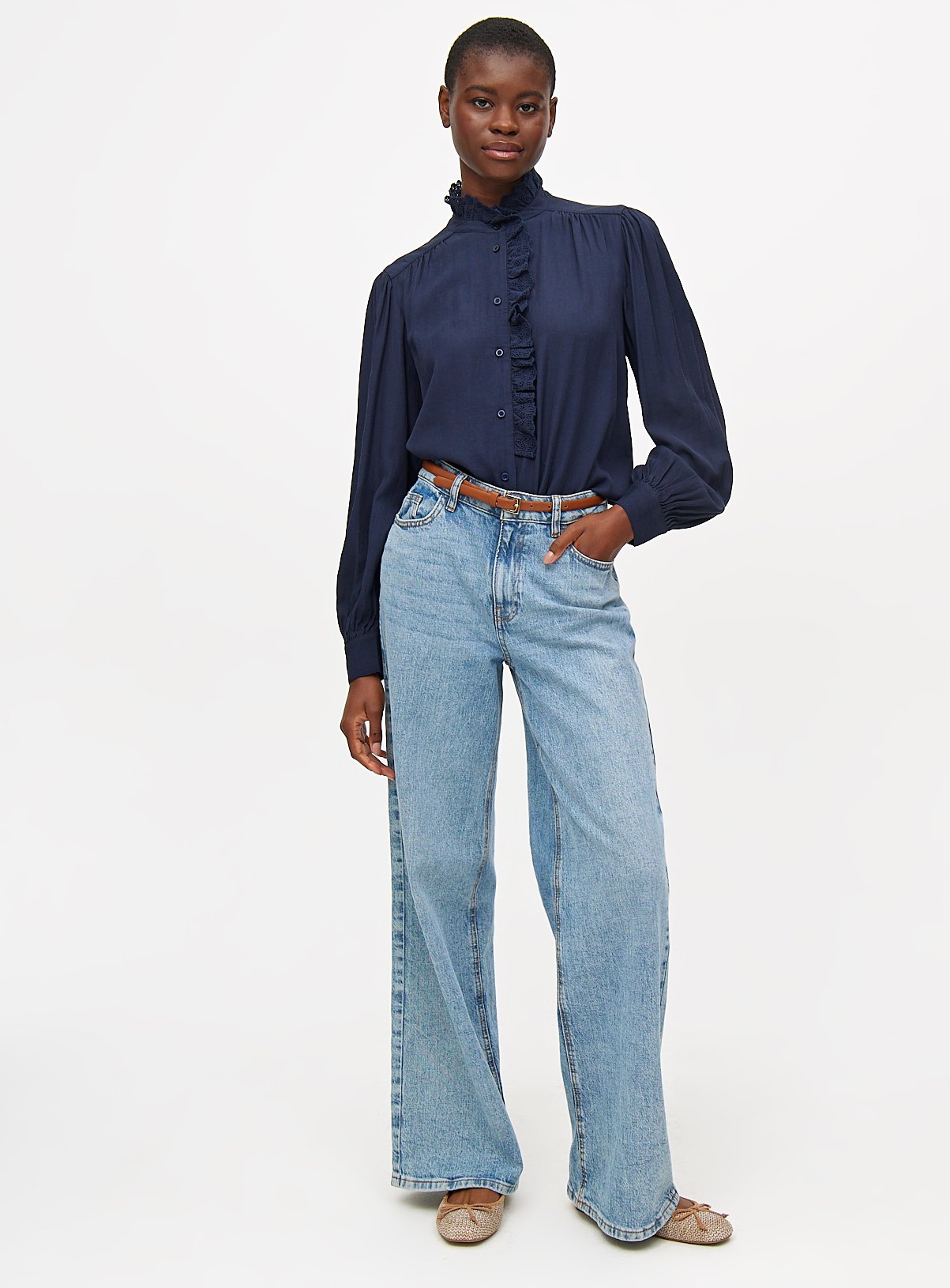 Navy Lace Trim High Neck Long Sleeve Blouse 18 - Image 3 thumbnail