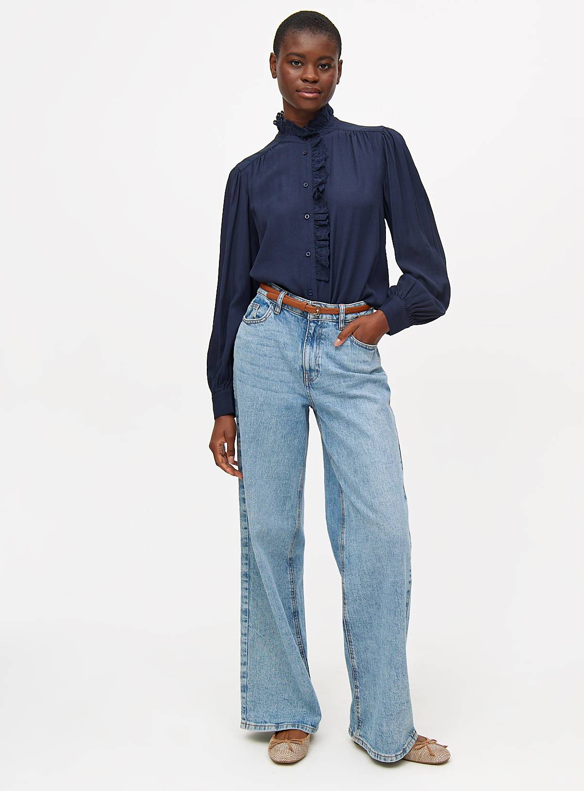 Navy Lace Trim High Neck Long Sleeve Blouse 18 - Image 3