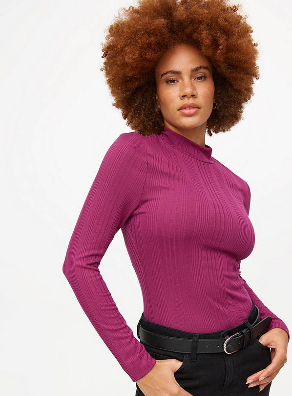 Buy Purple Ribbed High Neck Long Sleeve Top 10 Tops Tu