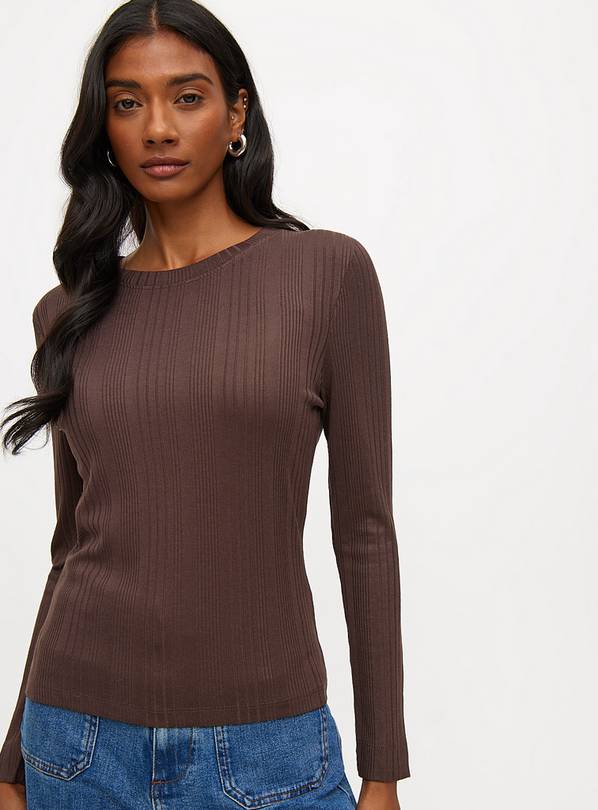 Brown Crew Neck Ribbed Slim Fit Long Sleeve Top 14