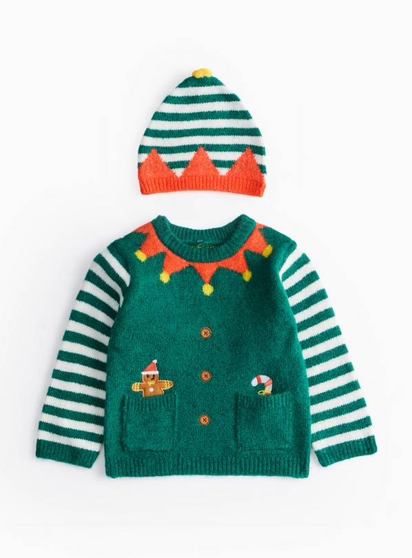 Green Christmas Elf Jumper With Hat Set 3-6 months