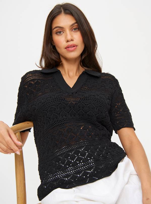 Black Pointelle Stitch Polo Top  20
