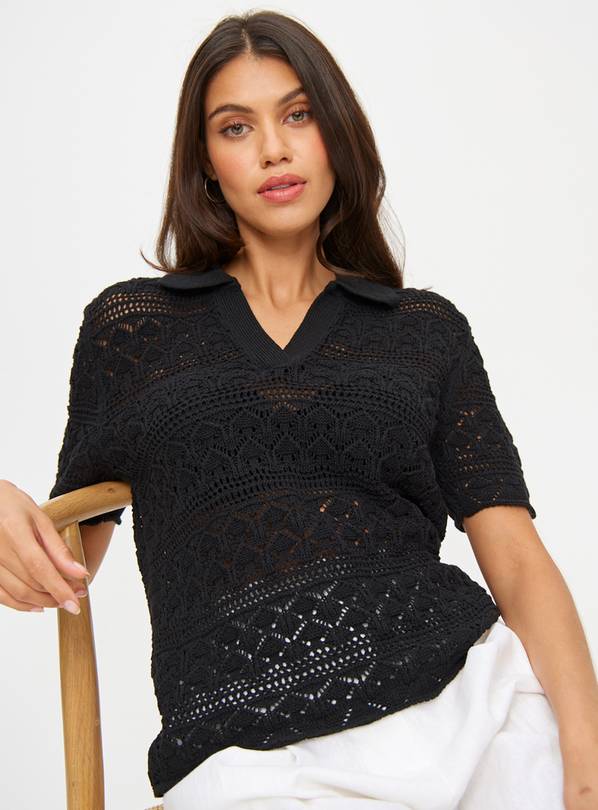 Black Pointelle Stitch Polo Top  10