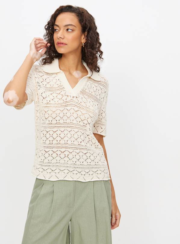 Cream Pointelle Stitch Polo Top  12