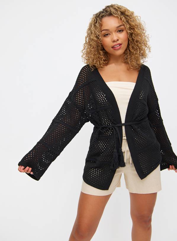 Black Pointelle Tie Front Cardigan 10