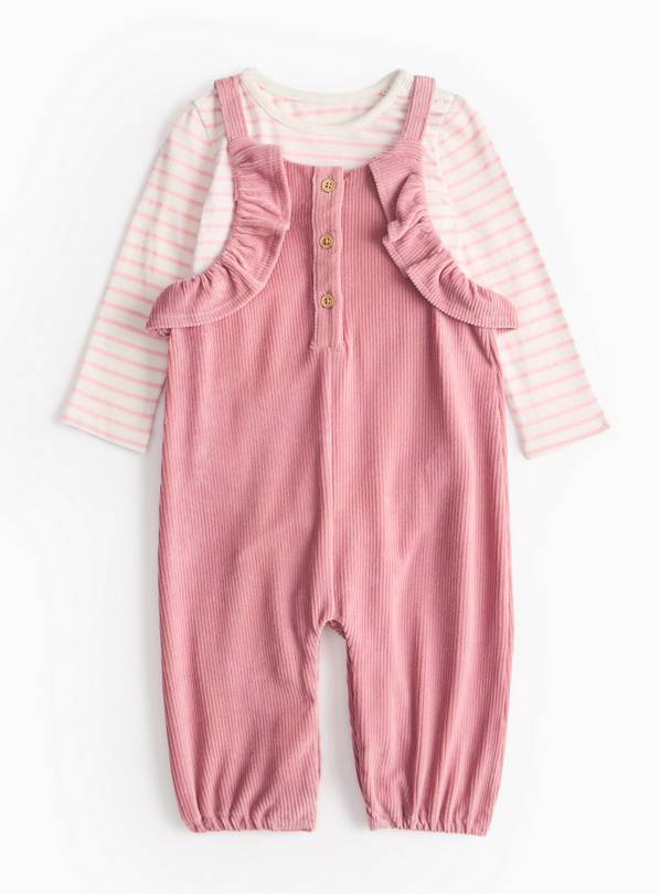 Pink Stripe Top & Corduroy Dungarees Set Up to 3 mths