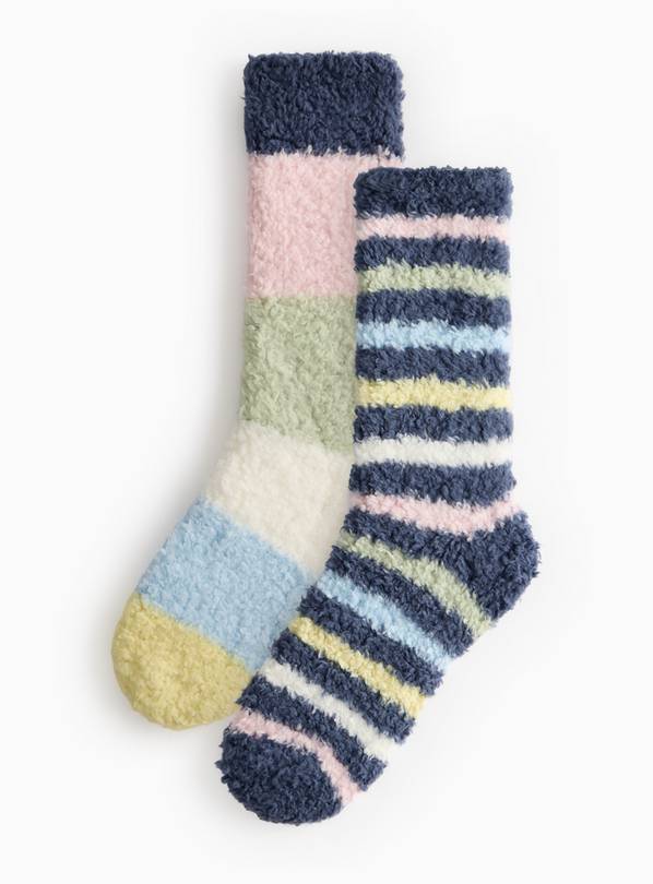 Navy & Pastel Stripe Cosy Ankle Socks 2 Pack 4-8