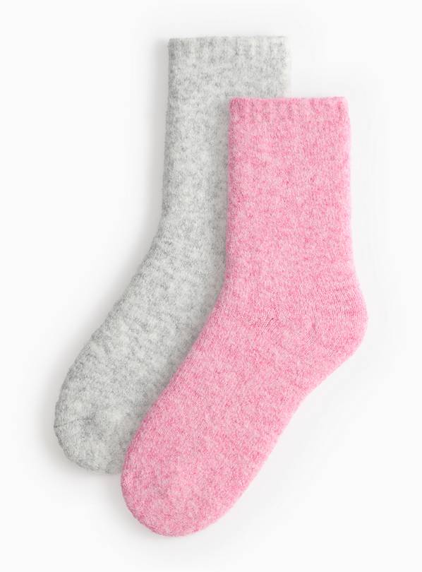 Grey & Pink Chunky Wool Blend Socks 2 Pack 4-8