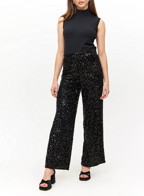 Black Sequin Embellished Wide Leg Trousers  14R