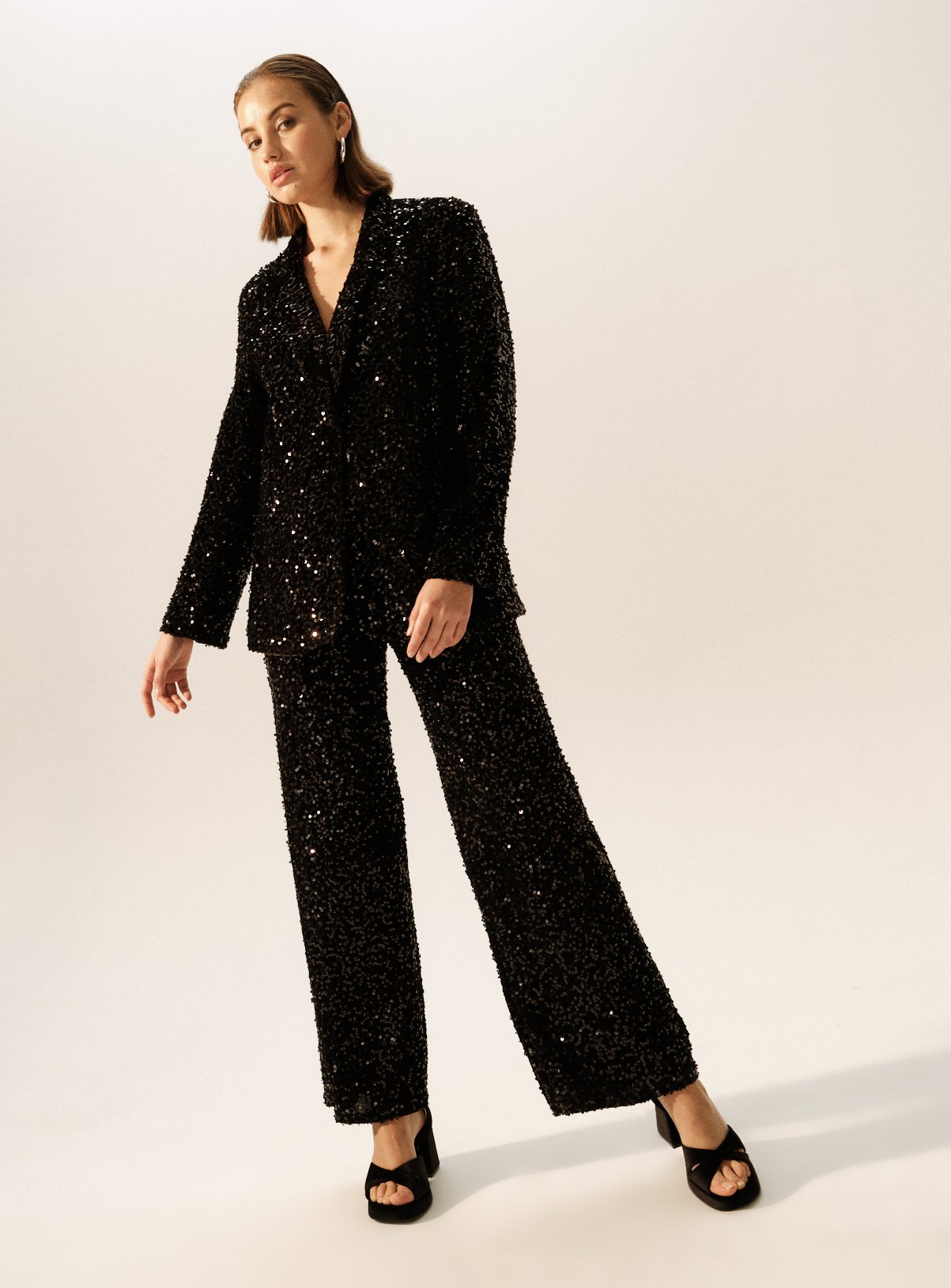 Black Sequin Embellished Wide Leg Trousers  14S - Image 2 thumbnail