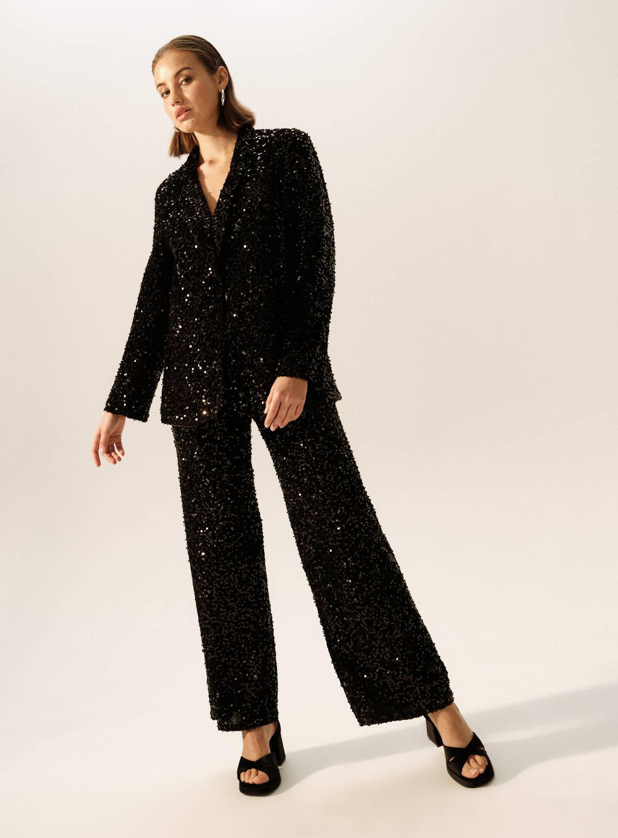Black Sequin Embellished Wide Leg Trousers  14S - Image 2