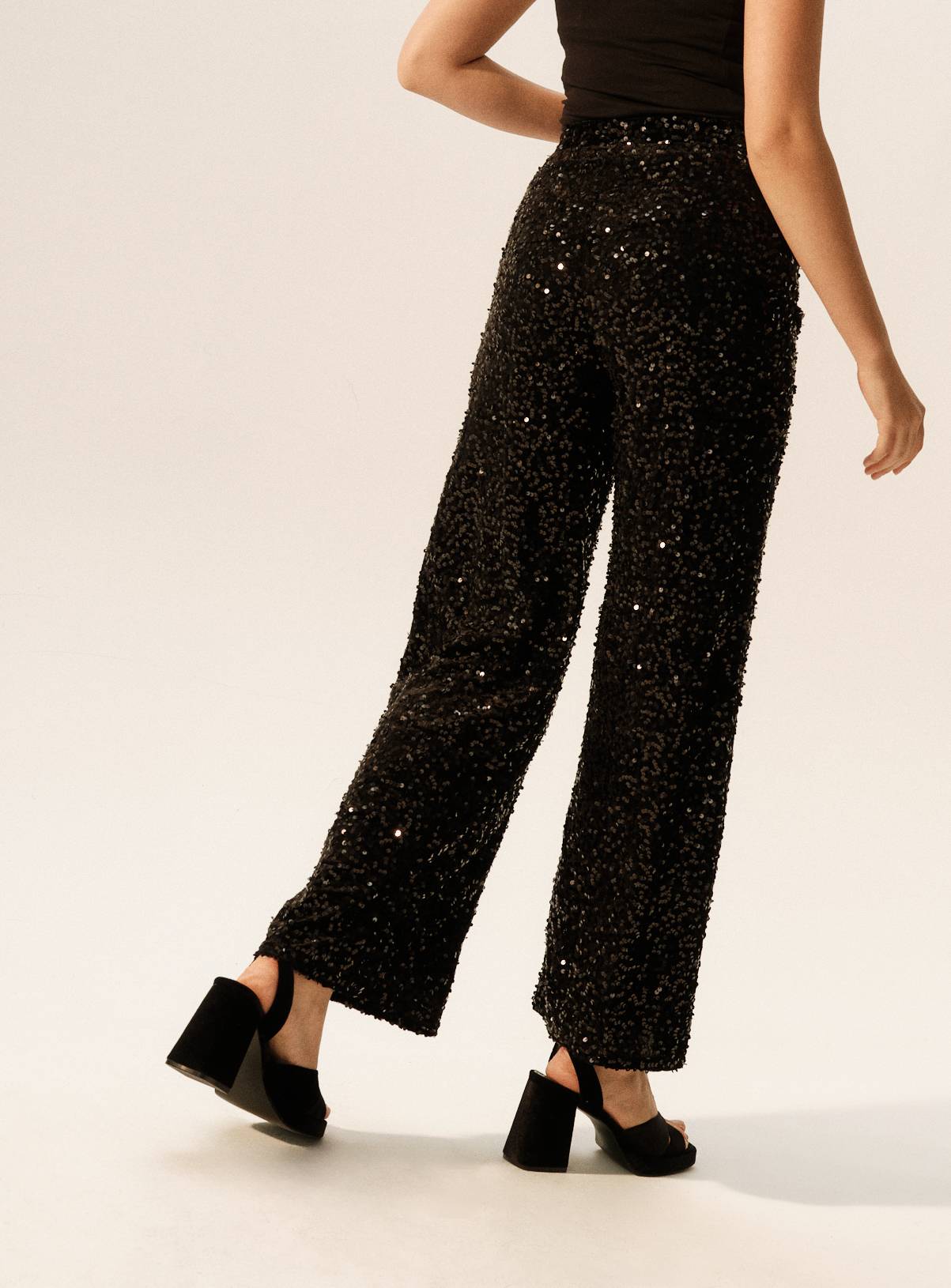 Black Sequin Embellished Wide Leg Trousers  14S - Image 5