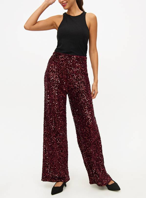 Burgundy Sequin Embellished Wide Leg Trousers  16S