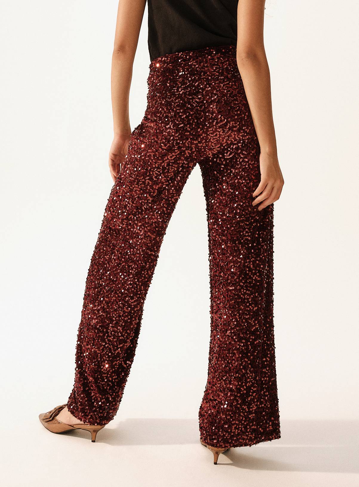 Burgundy Sequin Embellished Wide Leg Trousers  10L - Image 5
