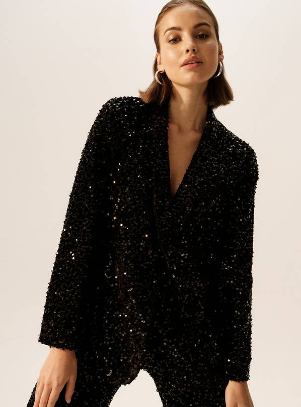 Black Sequin Embellished Relaxed Blazer 18