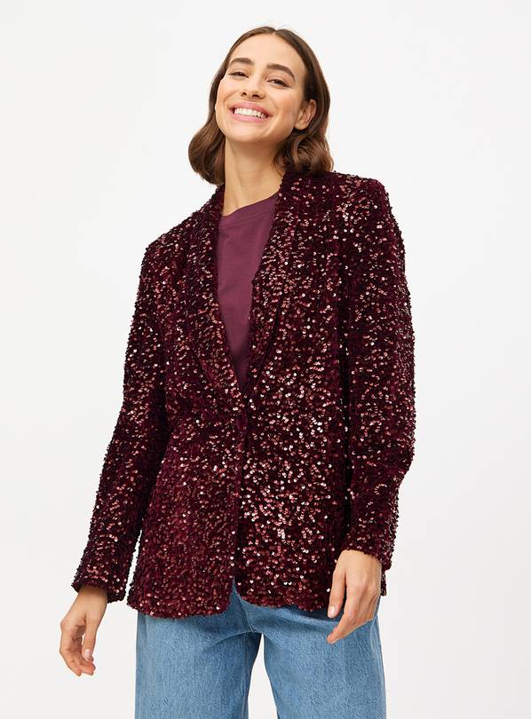 Dark Red Sequin Embellished Relaxed Blazer 8