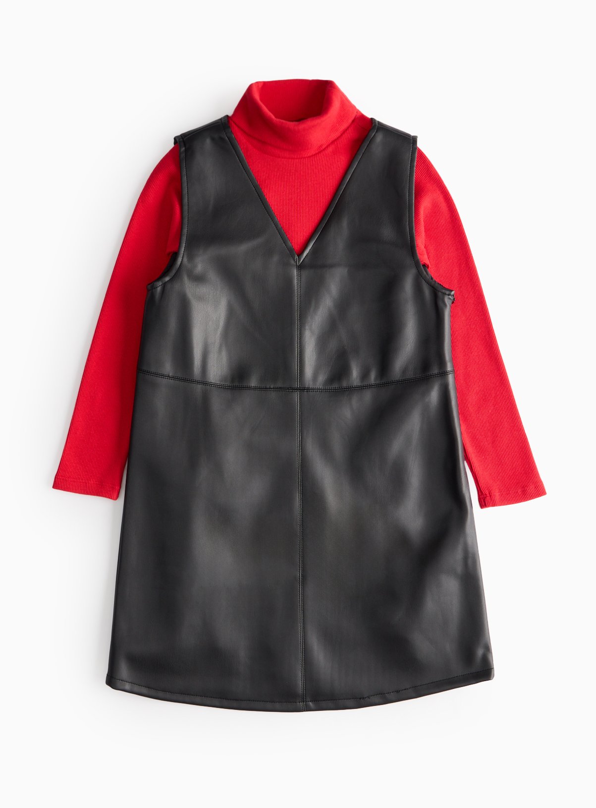 Red Roll Neck Top & Black Faux Leather Pinafore Dress Set 13 years