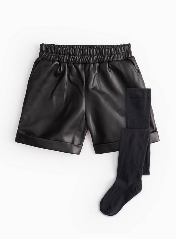 Black Faux Leather Shorts & Tights Set 10 years