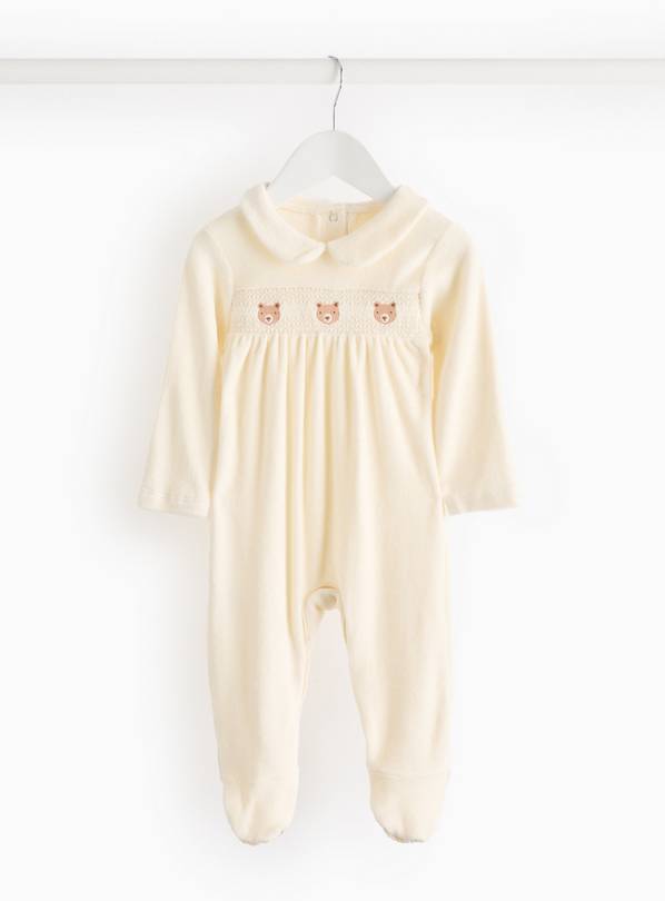 Cream Velour Teddy Design Traditional Sleepsuit  9-12 months