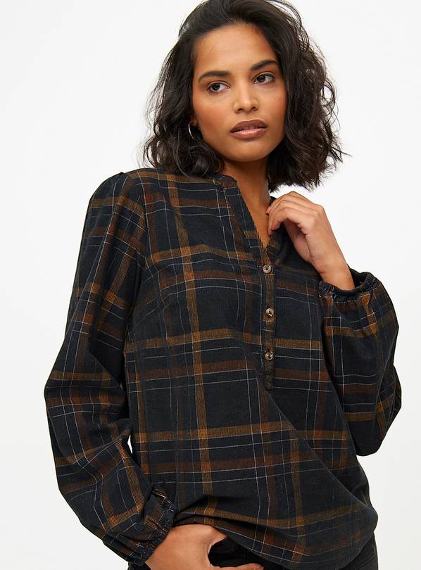 Black Check Corduroy V Neck Long Sleeve Shirt 10