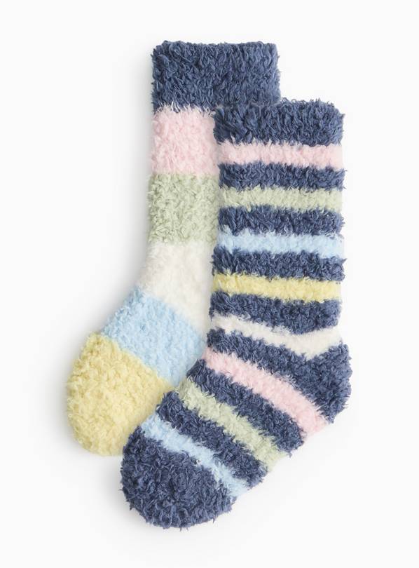 Navy Fluffy Stripe Cosy Socks 2 Pack 9-12