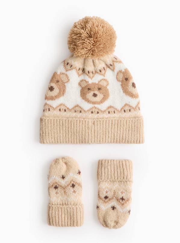 Brown Bear Hat & Mittens Set Up to 3 mths