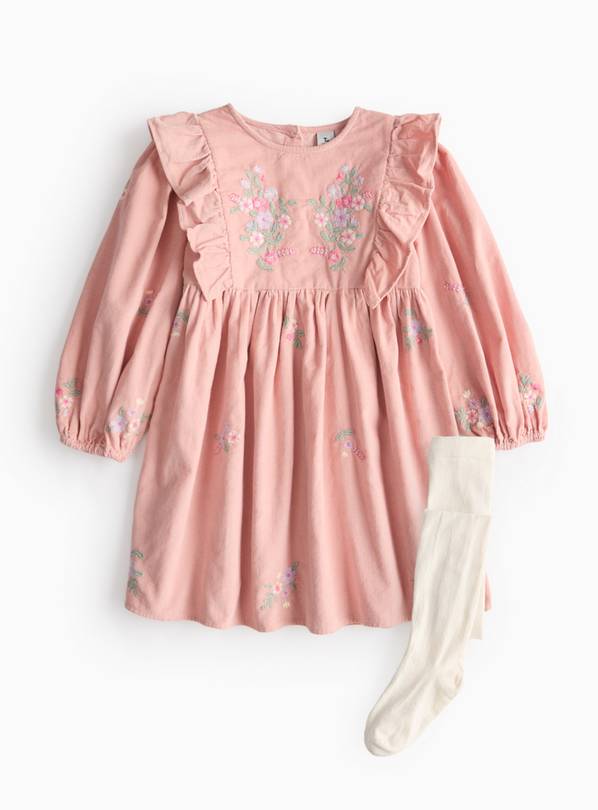 Pink Floral Embroidered Corduroy Dress & Tights Set 3-4 years