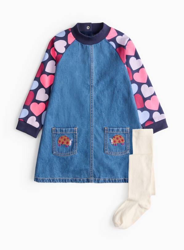 Pink Heart Print Denim Dress & Tights Set 2-3 years