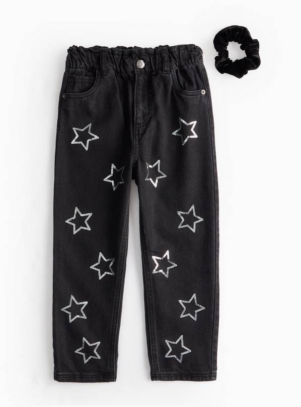 Black Sequin Star Mom Fit Jeans & Hair Scrunchie 10 years