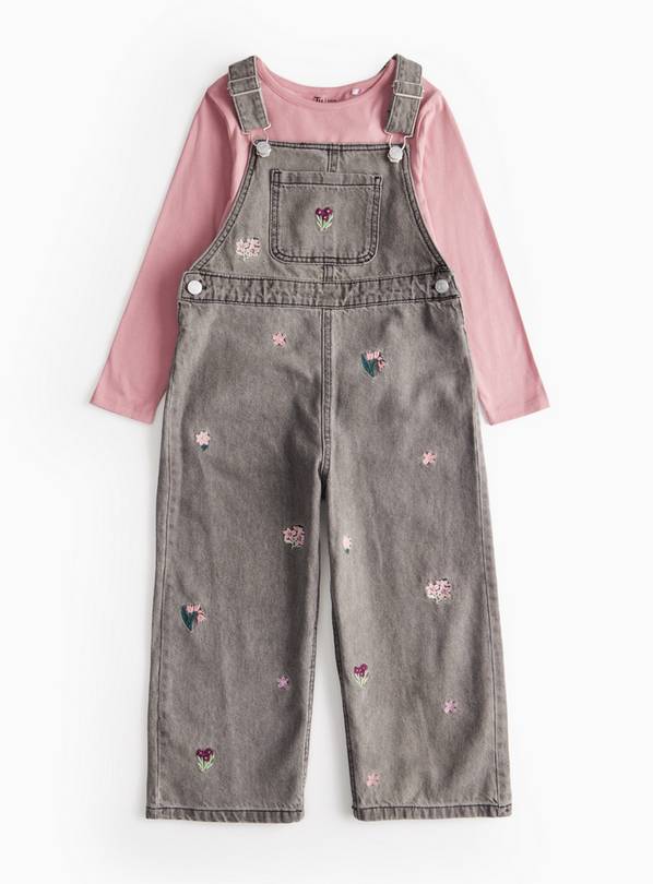 Pink Top & Grey Denim Floral Embroidered Dungarees Set 9 years