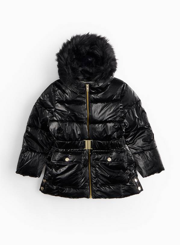 Black High-Shine Belted Hooded Puffer Coat 5-6 years