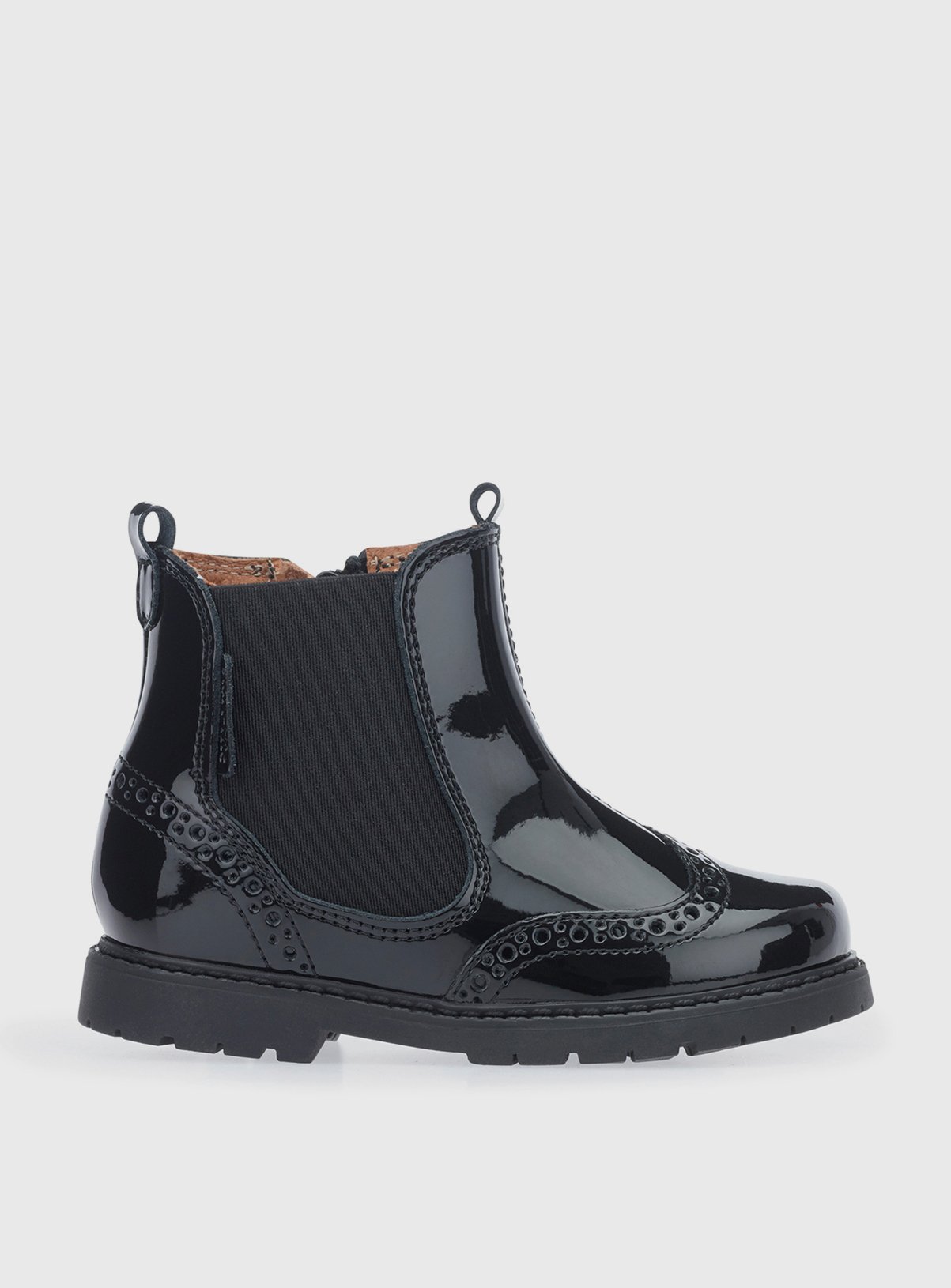 Black START-RITE Chelsea Brogue Black Patent Leather Zip Up Boots - Start-Rite by Sainsbury's