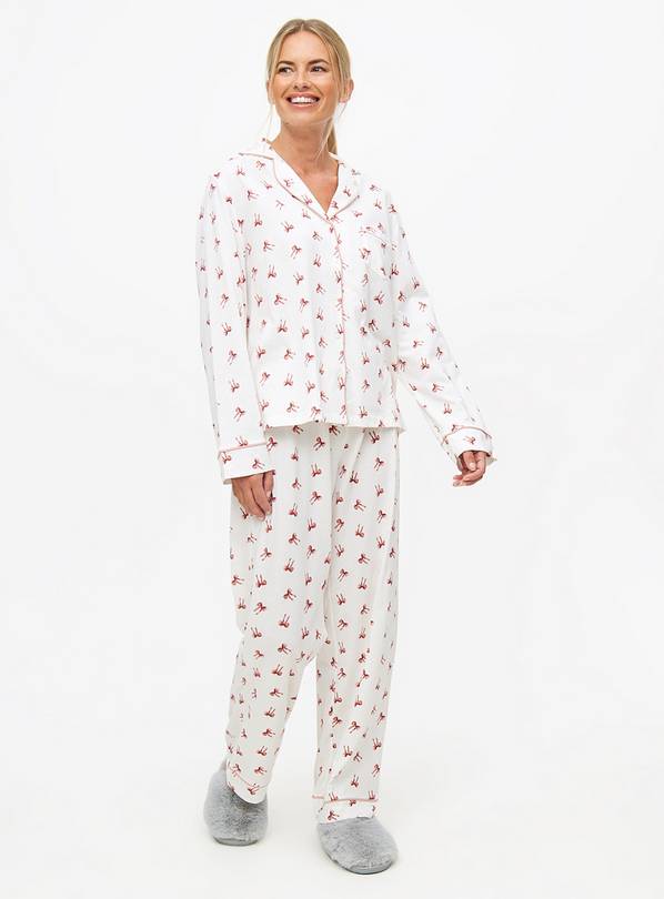 Oatmeal & Pink Bow Print Traditional Pyjama Set XL