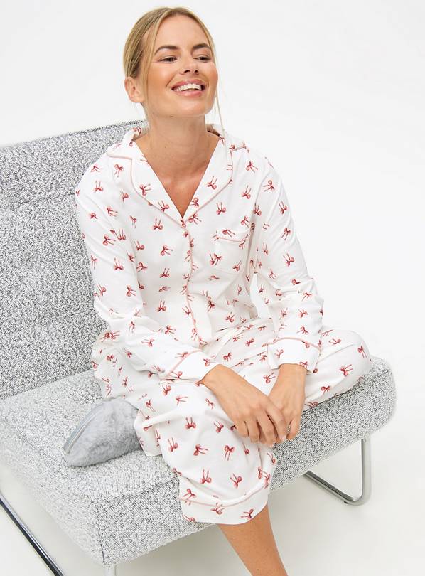 Buy Oatmeal Pink Bow Print Traditional Pyjama Set L Pyjamas Tu