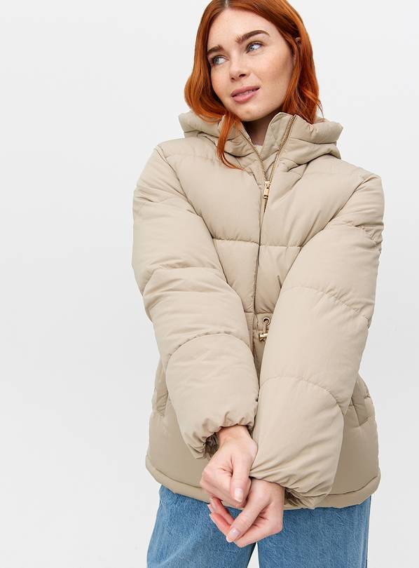 Neutral Padded Tie-Waist Hooded Coat M