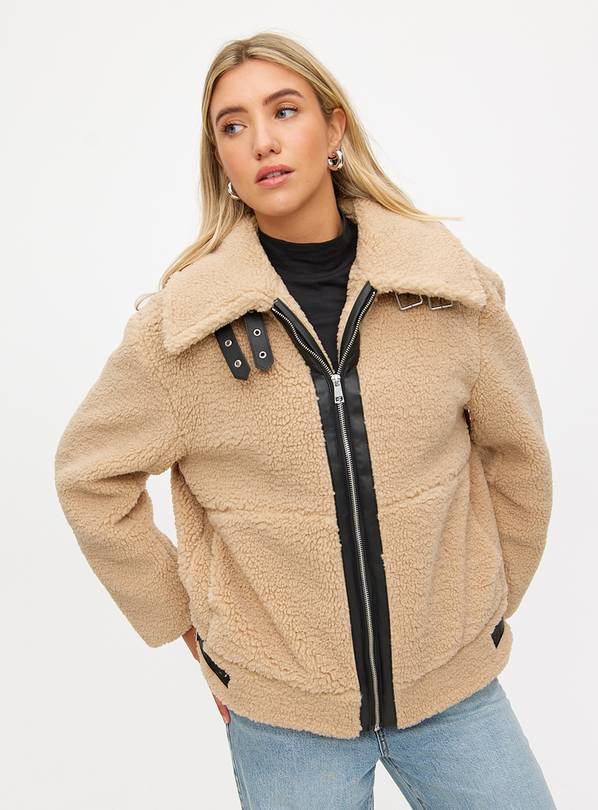 Beige Borg Fleece Contrast Zip-Through Coat  XL